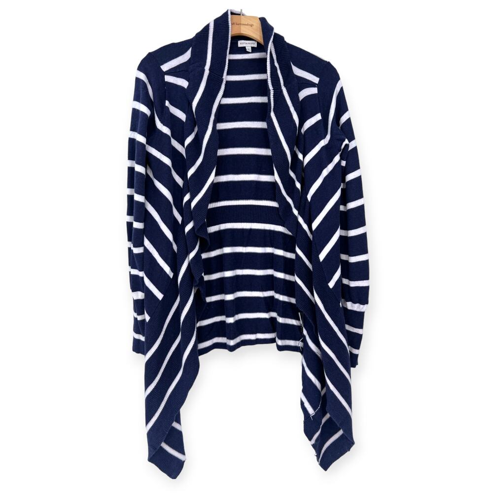 Boston Proper Navy and White Striped Draped Cardigan small